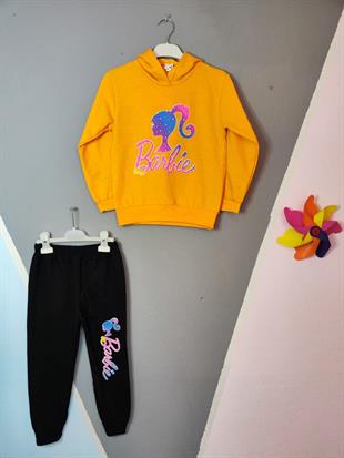 Barbie Baskılı Kapüşonlu Kız Takım - Sarı
