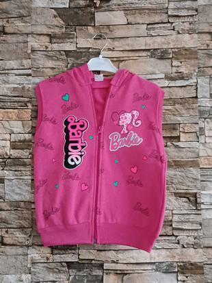 Barbie Baskılı Kapüşonlu Kız Yelek- Pembe