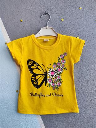 Çiçekli Kelebekli Taytlı Kız Takım - Sarı