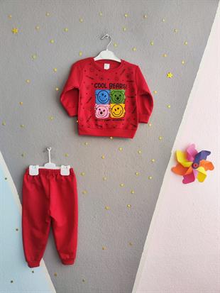 Cool Bears Baskılı Aylık Kız Takım - Kırmızı