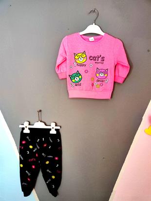 Happy Cats Baskılı Kız Çocuk Takımı - Neon Pembe