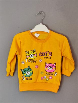 Happy Cats Baskılı Kız Çocuk Takımı - Sarı