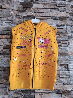 Kedi Baskılı Kapüşonlu Kız Yelek- Sarı