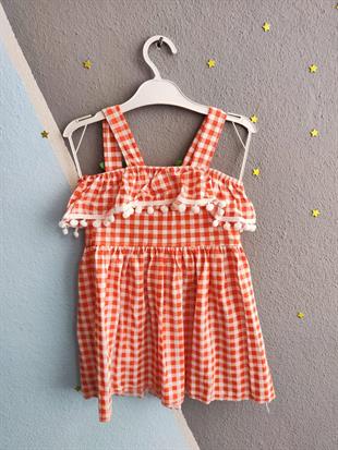 1541 - Kirazlı Omuz Detaylı Kız Elbise - Turuncu