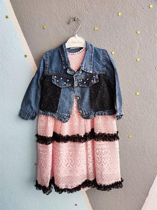 Kot Ceketli Dantelli Kız Elbise - Pembe