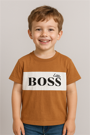 Little Boss Baskılı Erkek T-Shirt - Sütlü Kahve