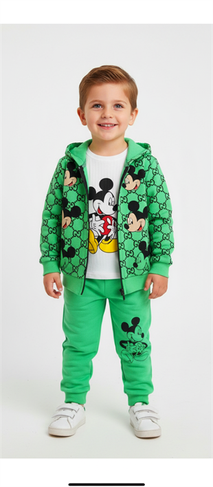 Mickey Baskılı Üçlü Erkek Takım -Yeşil