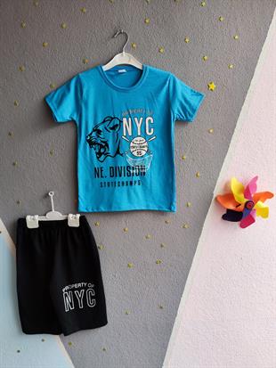 NYC Baskılı Kısa Kollu Erkek Takım - Açık mavi