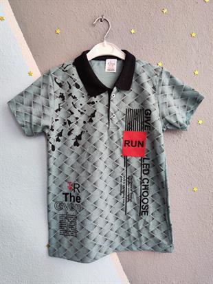 Run Baskılı Yakalı Erkek Çocuk Tshirt - Mint Yeşili