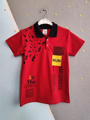 Run Baskılı Yakalı Erkek Çocuk Tshirt - Kırmızı