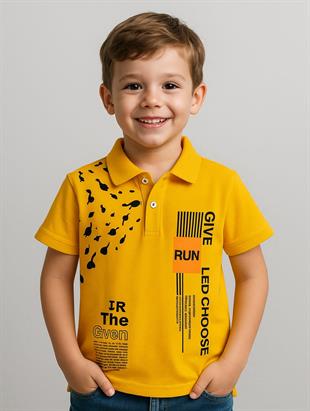 Run Baskılı Yakalı Erkek Çocuk Tshirt - Sarı