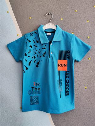 Run Baskılı Yakalı Erkek Çocuk Tshirt - Açık Mavi