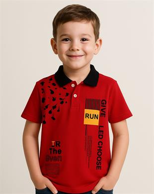 Run Baskılı Yakalı Erkek Çocuk Tshirt - Kırmızı
