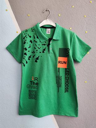 Run Baskılı Yakalı Erkek Çocuk Tshirt - Yeşil
