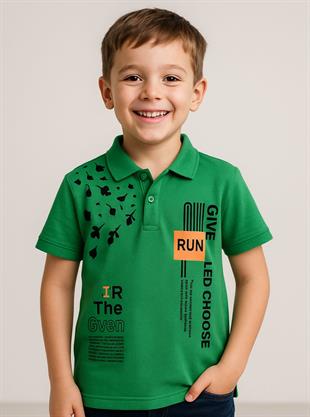 Run Baskılı Yakalı Erkek Çocuk Tshirt - Yeşil