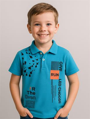 Run Baskılı Yakalı Erkek Çocuk Tshirt - Açık Mavi