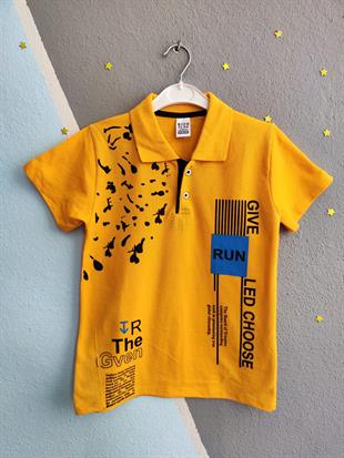 Run Baskılı Yakalı Erkek Çocuk Tshirt - Sarı