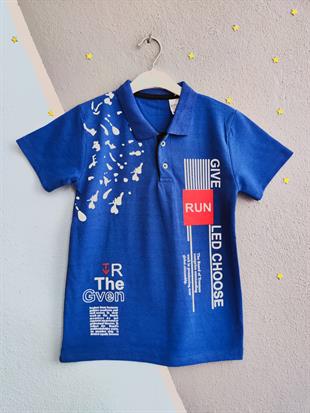 Run Baskılı Yakalı Erkek Çocuk Tshirt - Saks