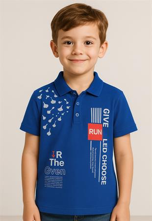Run Baskılı Yakalı Erkek Çocuk Tshirt - Saks