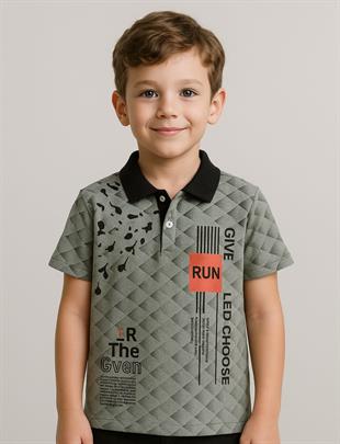 Run Baskılı Yakalı Erkek Çocuk Tshirt - Mint Yeşili