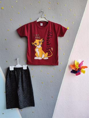 Şortu Çizgili Lion King Baskılı Erkek Takım- Bordo