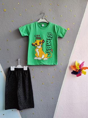 Şortu Çizgili Lion King Baskılı Erkek Takım- Açık Yeşil