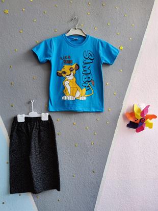 Şortu Çizgili Lion King Baskılı Erkek Takım- Açık Mavi