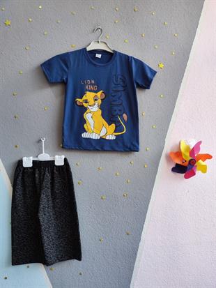 Şortu Çizgili Lion King Baskılı Erkek Takım- Lacivert