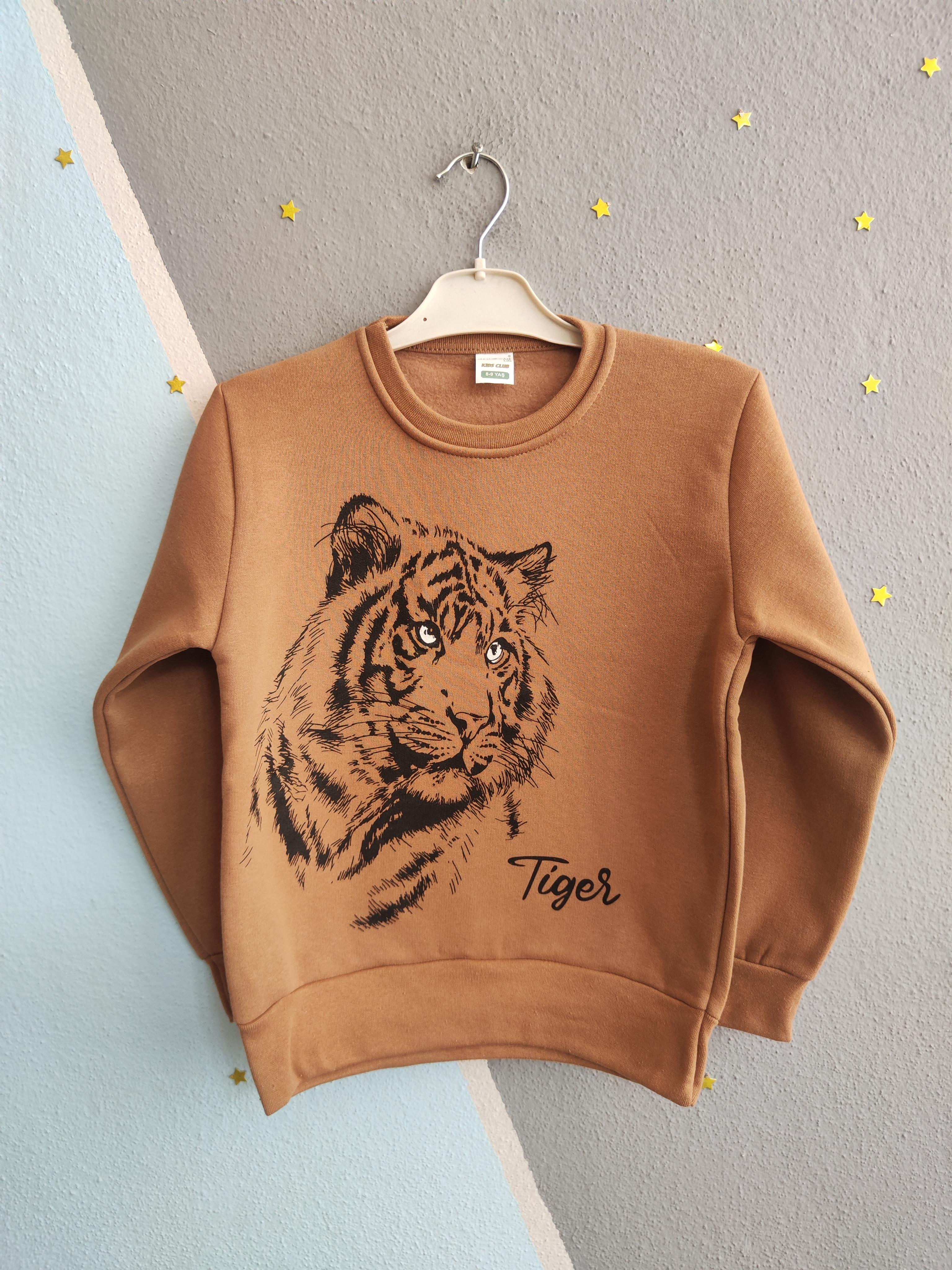 1256 -Kaplan Baskılı 3 İp Erkek Sweatshirt - Kahverengi