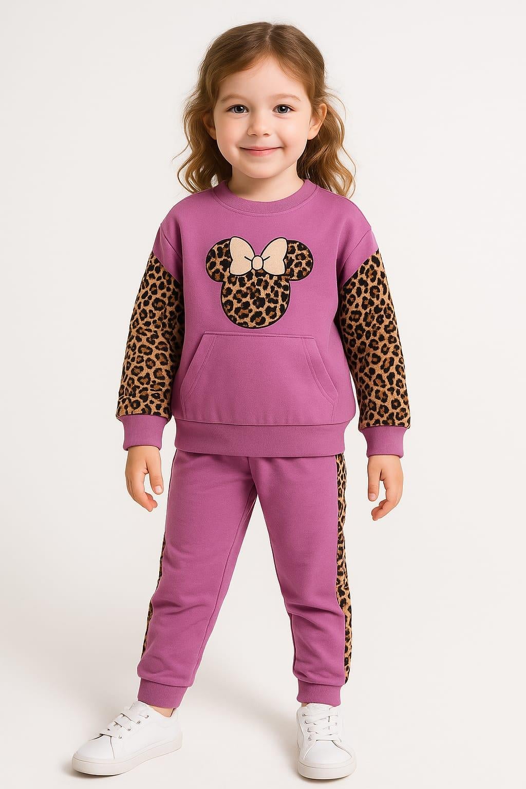1393 -leopar desen minnie baskılı kız çocuk takımı - Lila