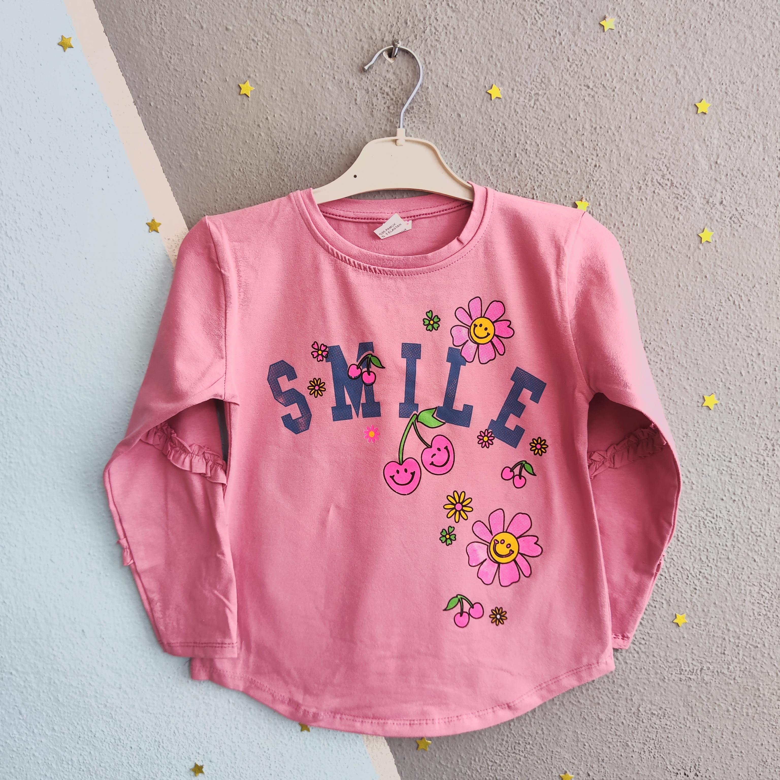 1429 - Smile Baskılı Kız Sweatshirt - pembe
