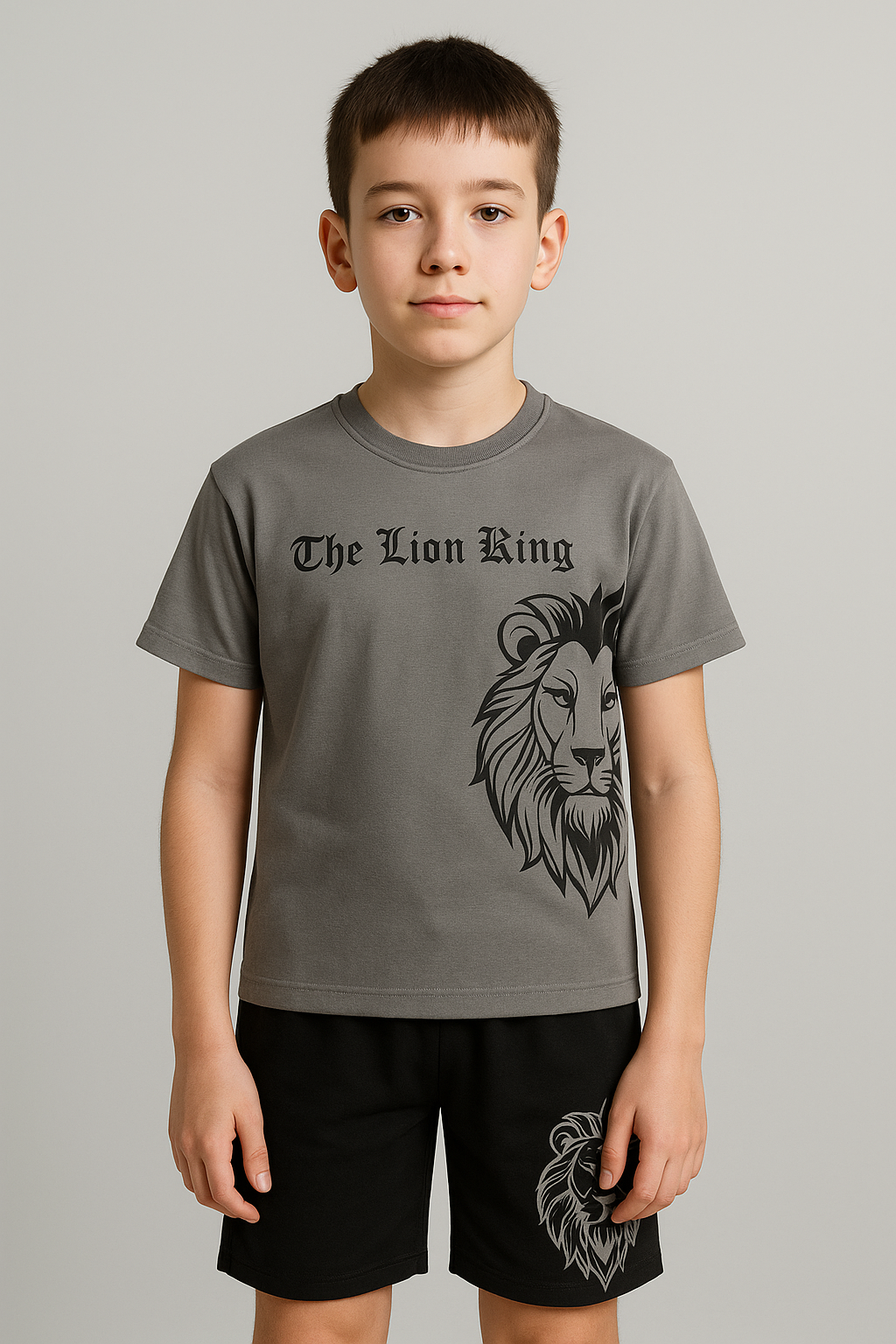 1464 - The Lion King Yazılı Yazlık Erkek Takım - Füme