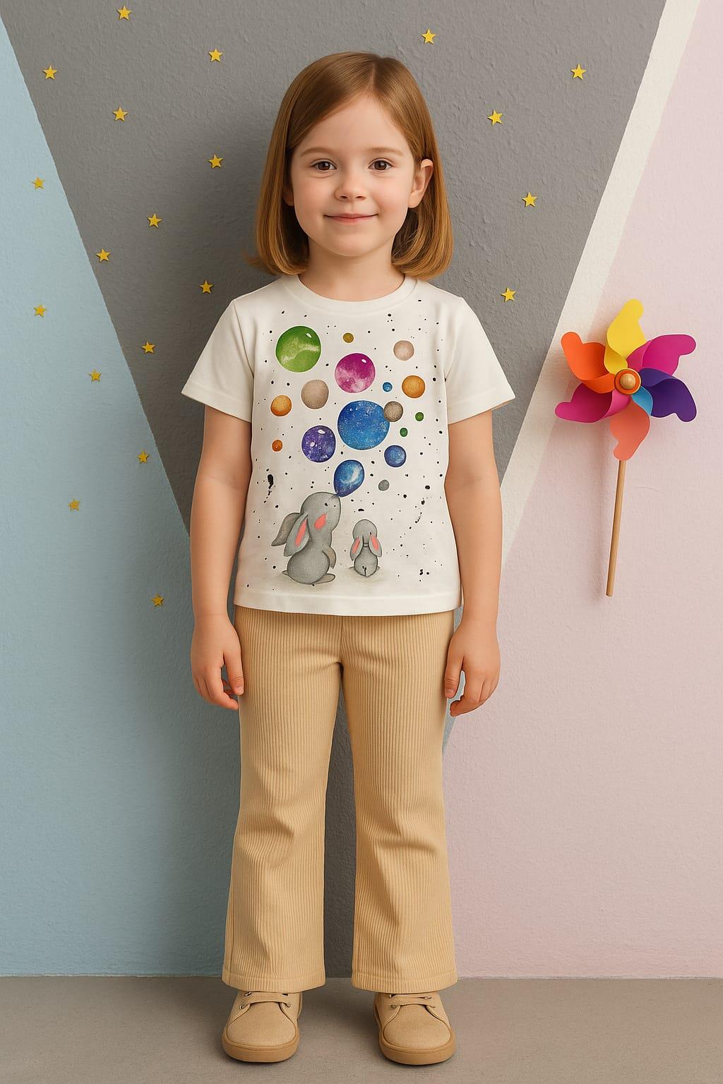 1467 - Uzay Temalı İspanyol Paça Kız Çocuk Takım - Krem