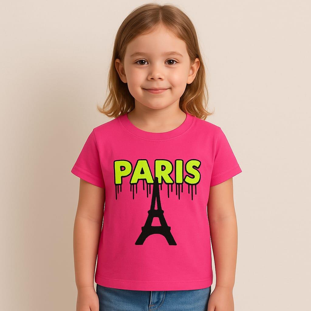 1499 - Paris Baskılı Kız T-Shirt - Fuşya