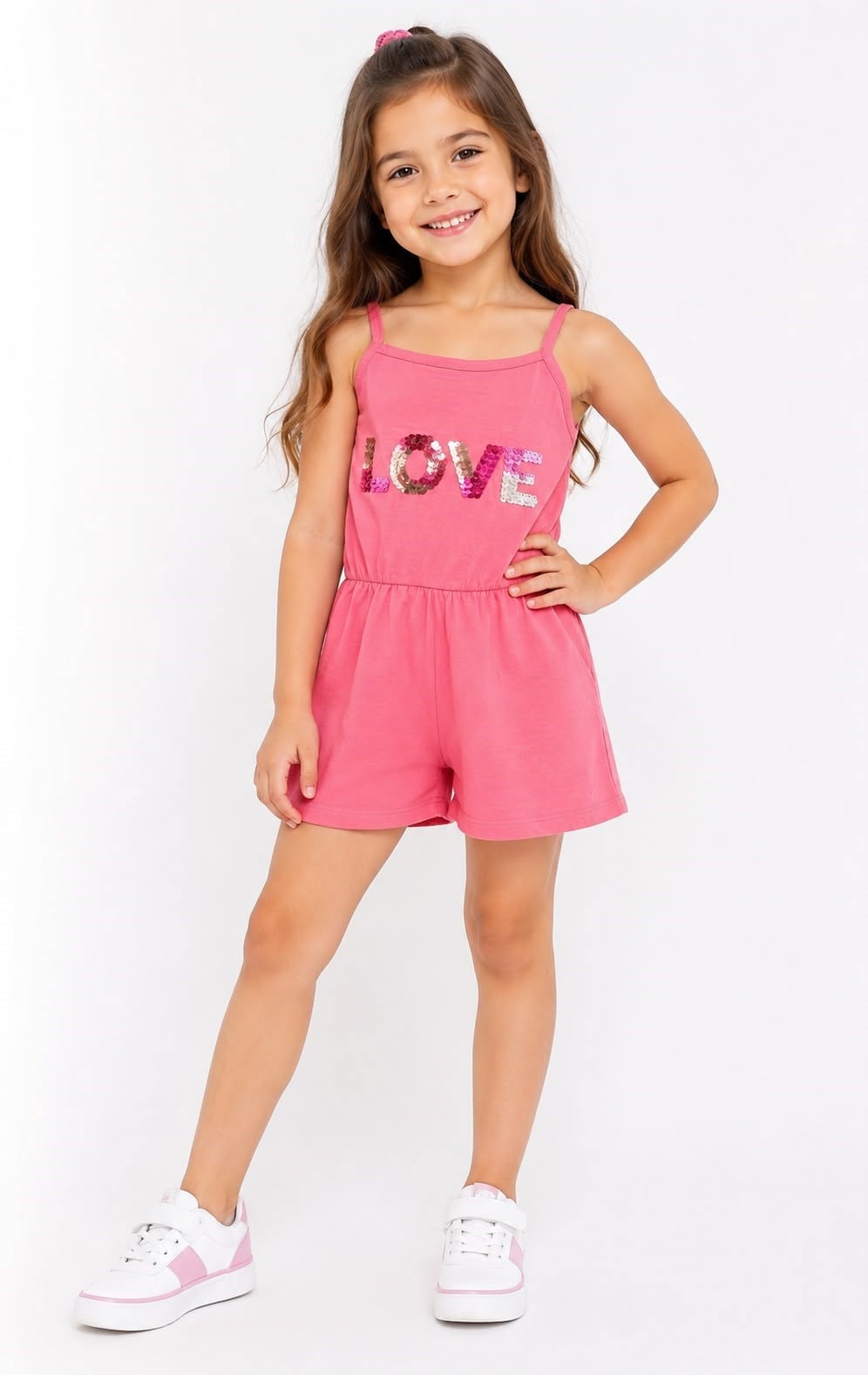 1508 - Love Baskılı Askılı Kız Tulum - Pembe