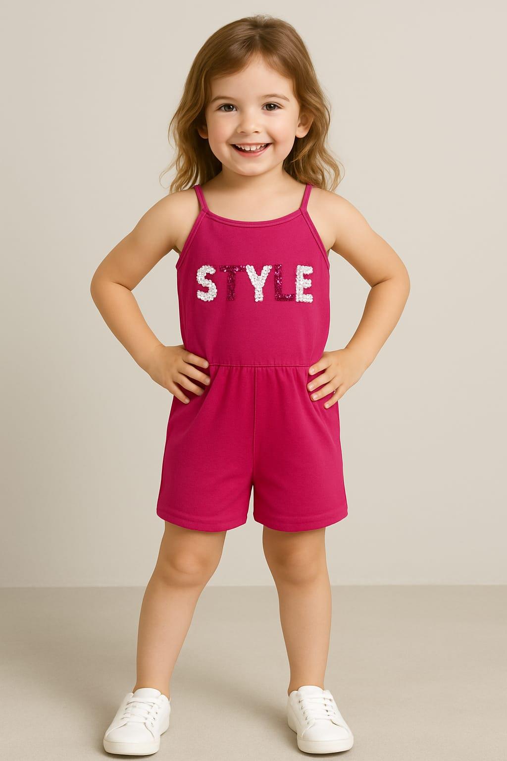 1508 - Style Baskılı Askılı Kız Tulum - Koyu Pembe