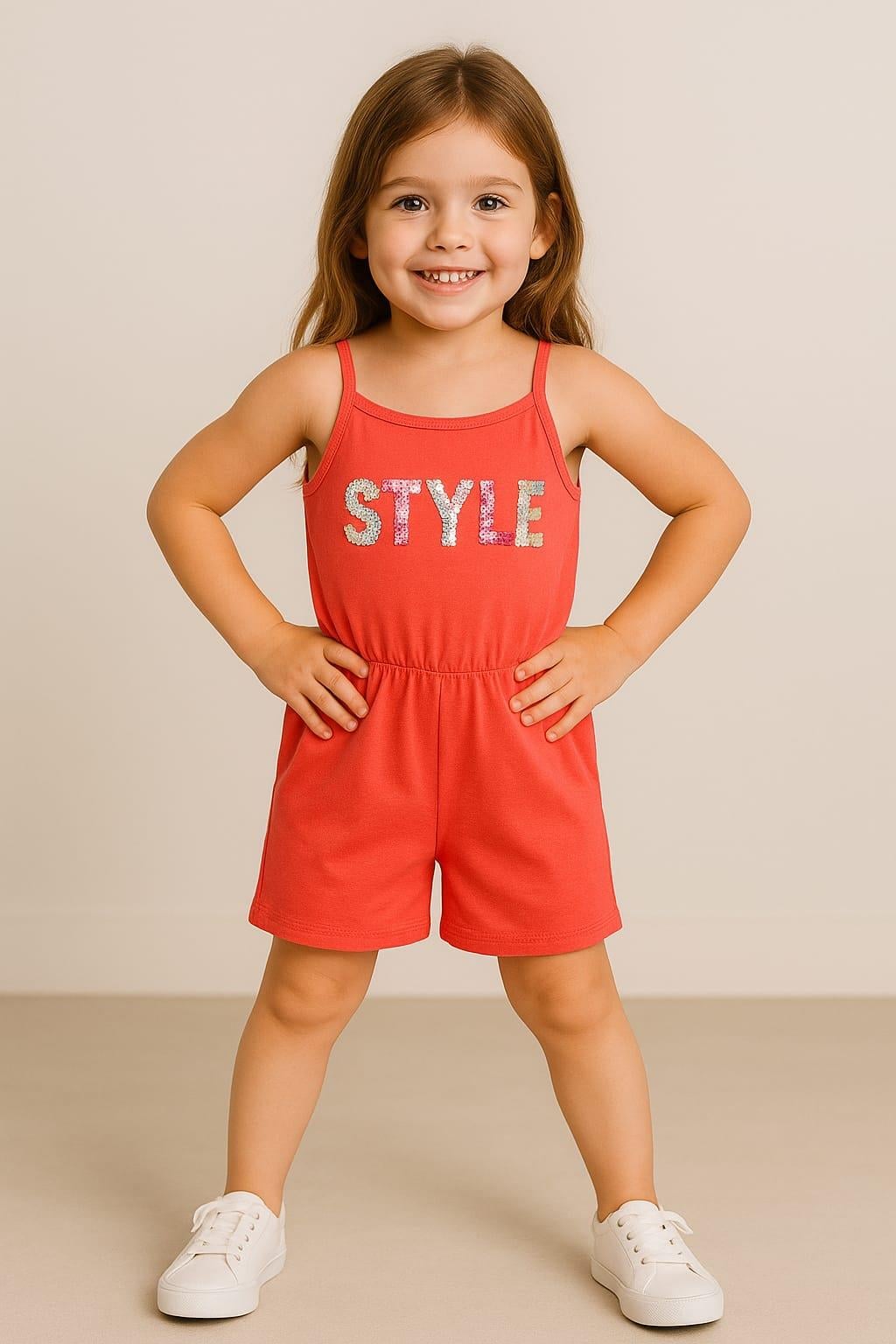 1508 - Style Baskılı Askılı Kız Tulum - Nar Çiçeği