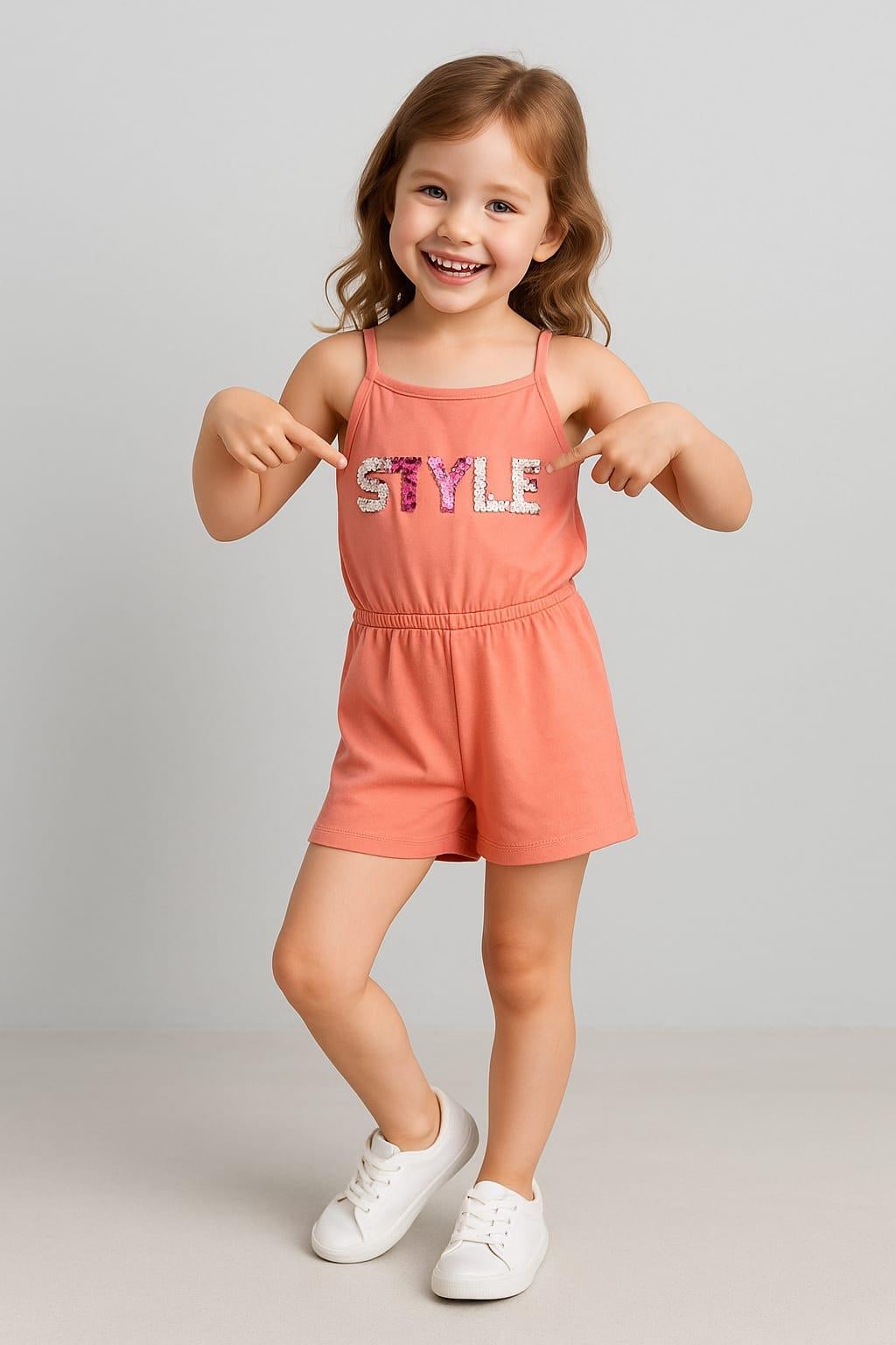 1508 - Style Baskılı Askılı Kız Tulum - somon