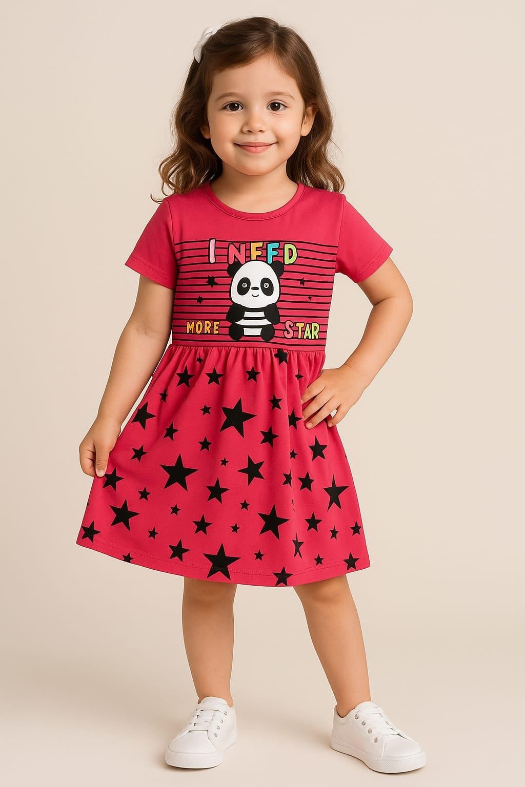 1509 -Panda Baskılı  Kız Elbise - Pembe