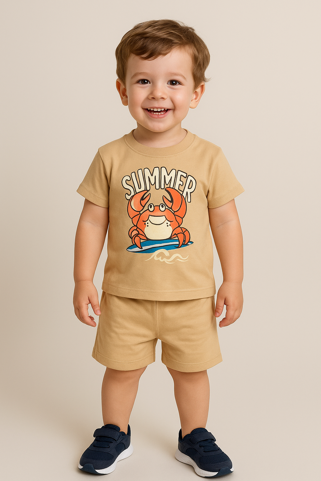 1526 - Summer Baskılı Erkek Çocuk Takım - Bej