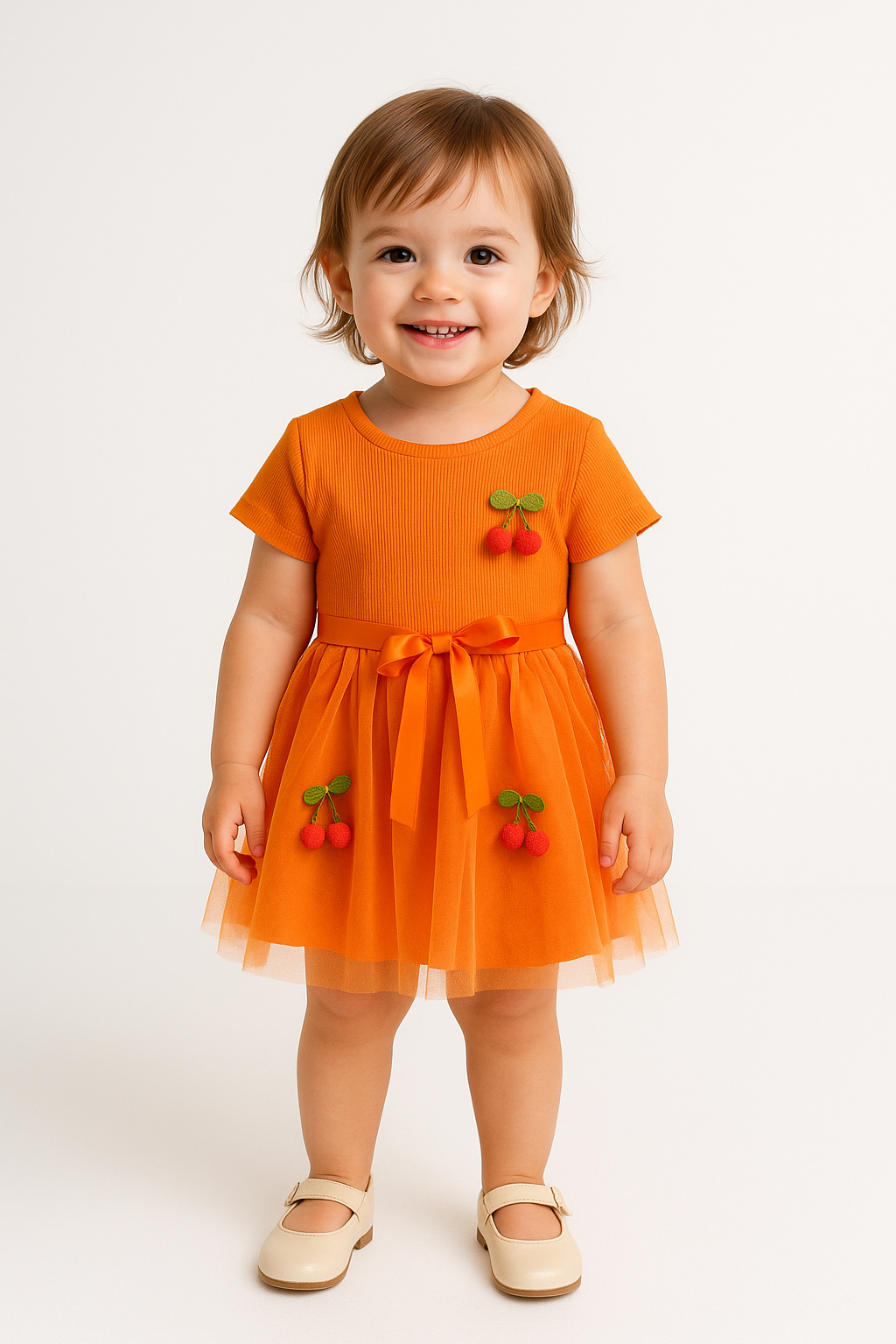 1573 - Kirazlı Tütü Elbise - Turuncu