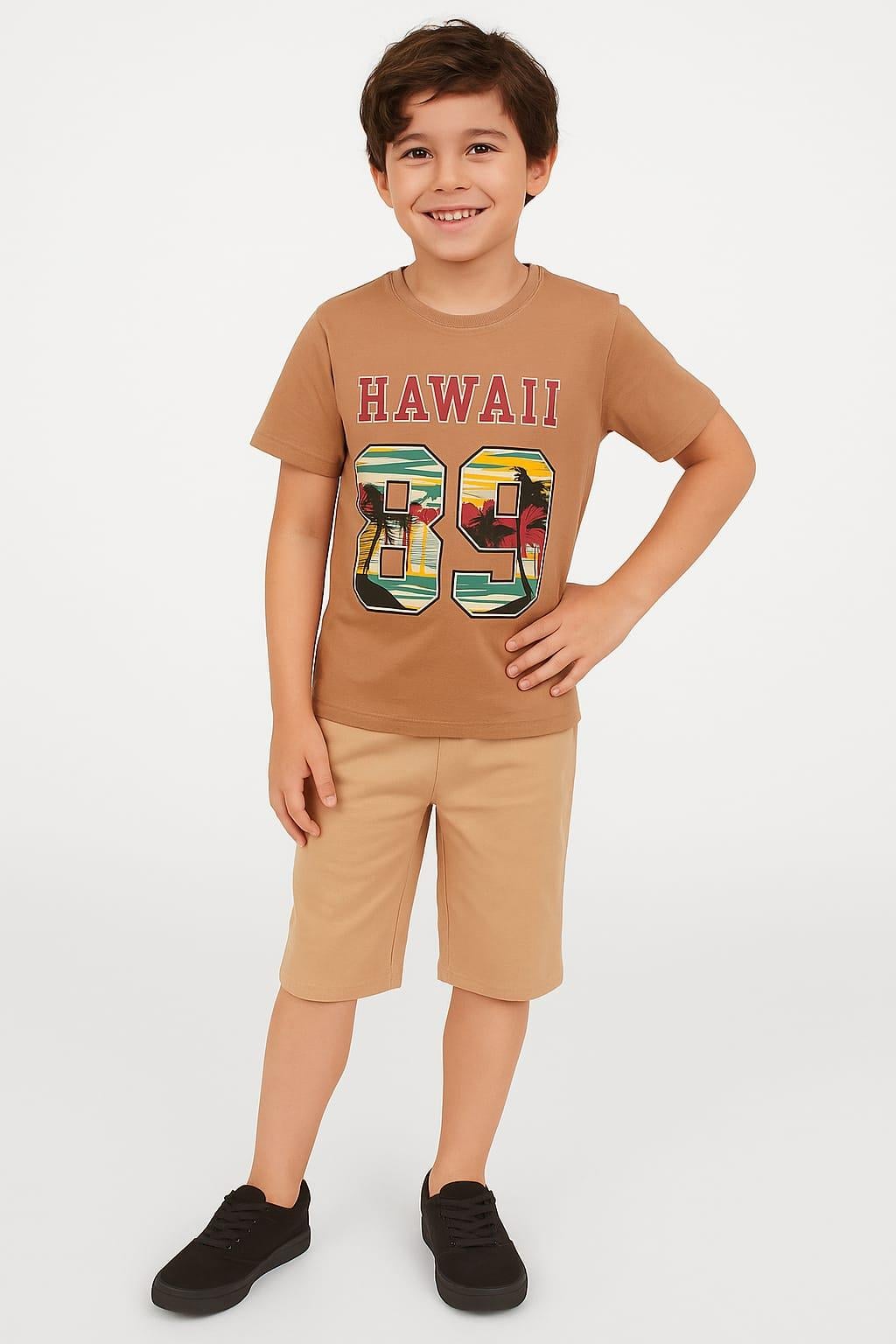1578 -  Hawaii Baskılı Erkek Takım - Kahverengi- Krem