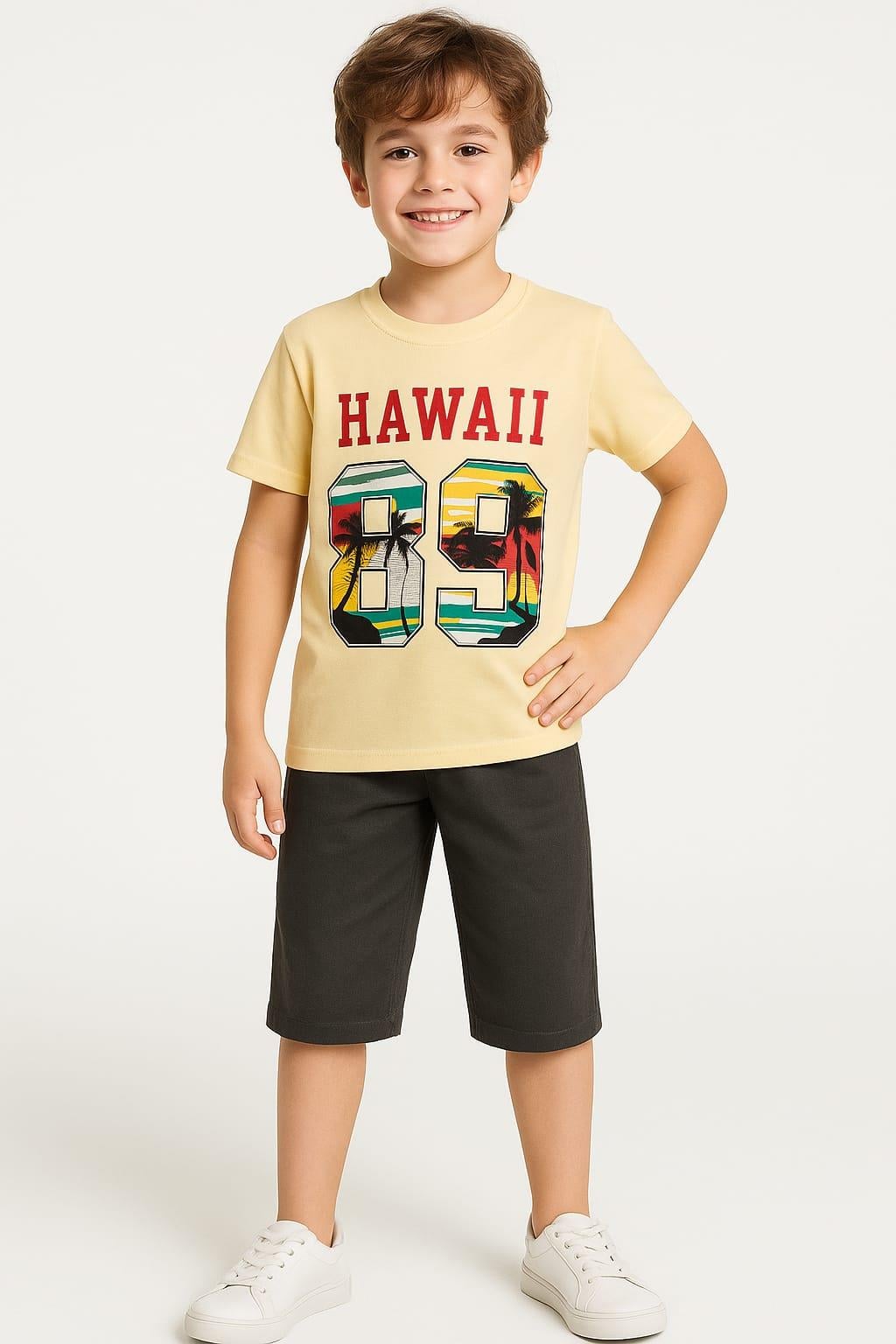 1578 -  Hawaii Baskılı Erkek Takım - Sarı - Füme