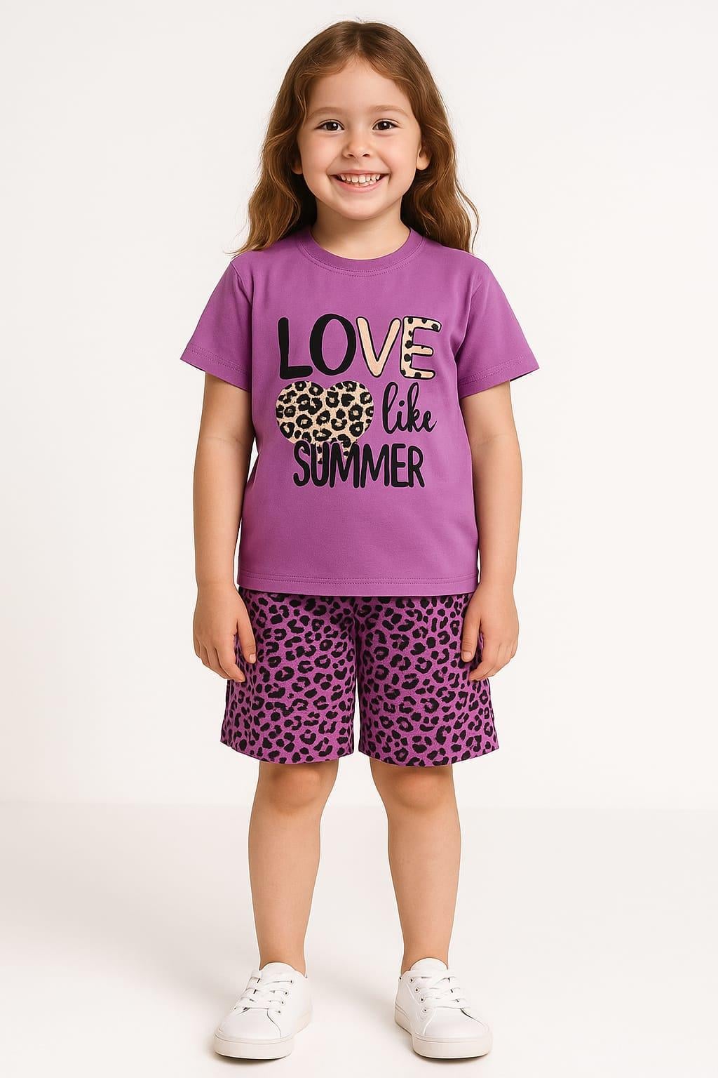 1595 - Love baskılı leopar desenli kız çocuk takımı - Lila