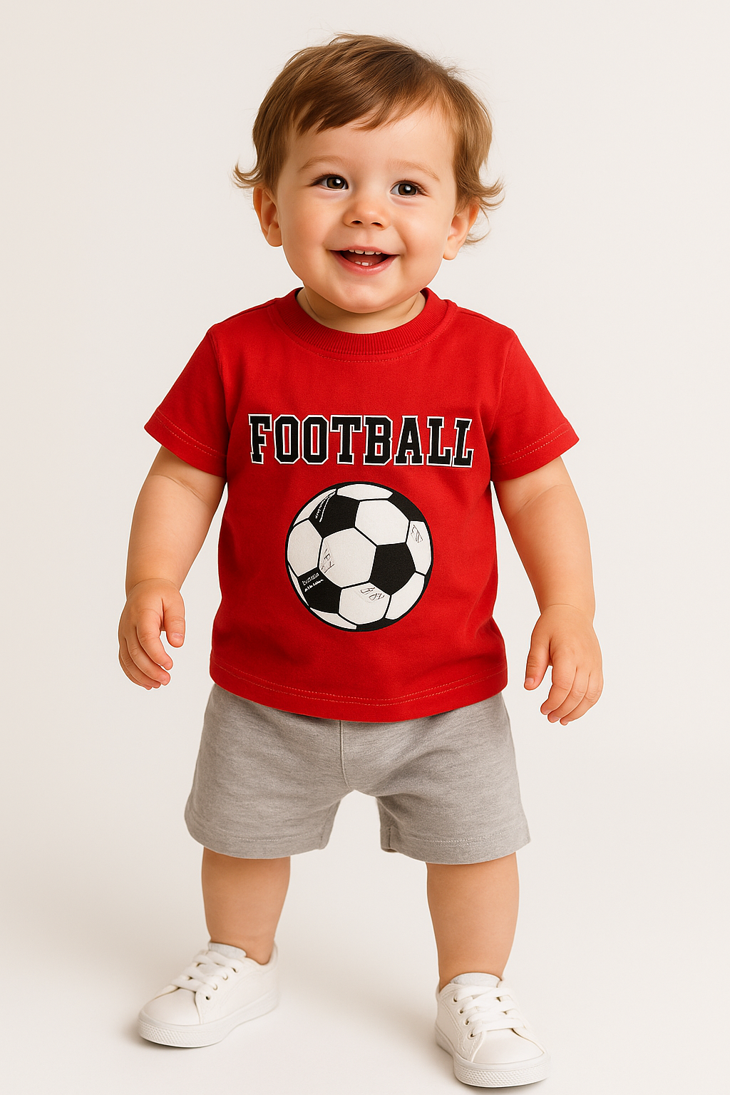 1604 - Futbol Topu Baskılı Aylık Erkek Çocuk Takım - Kırmızı