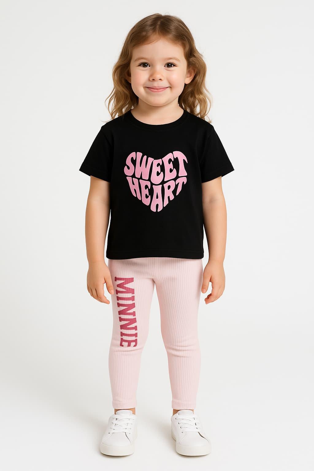 1615 -  Sweet Heart Baskılı Kız Çocuk Takım - Siyah - Toz Pembe