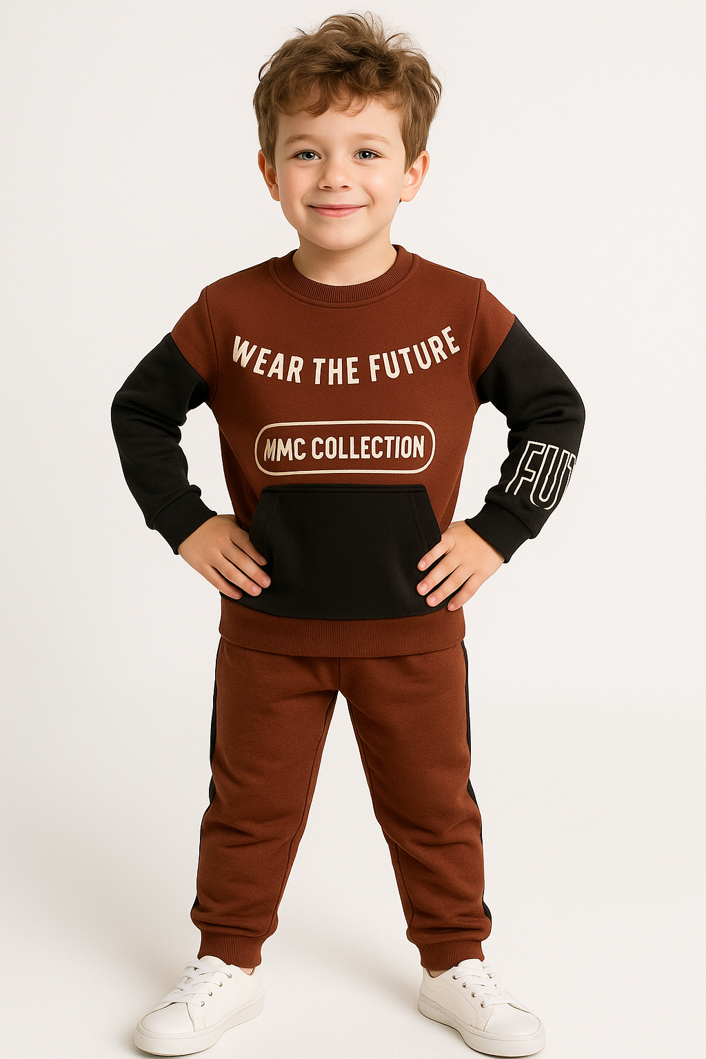 1700 - Wear The Future Baskılı Erkek Çocuk Takım - Acı Kahve