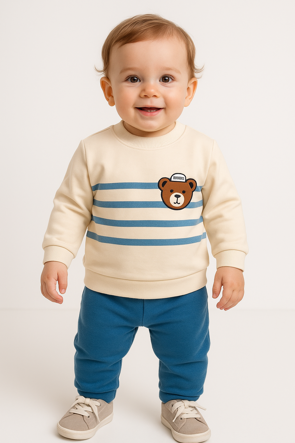 1714 - Bear Baskılı Çizgili Aylık Erkek Bebek Takım - Saks