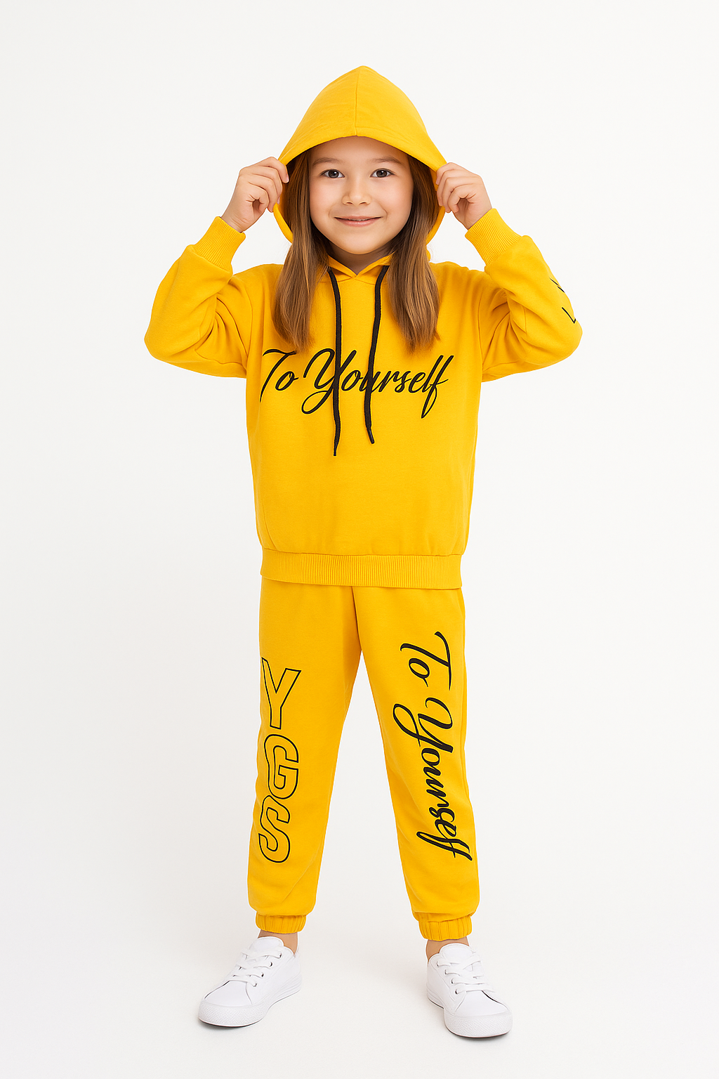 1725 - To Yourself Baskılı Kapüşonlu Kız Takım - Sarı
