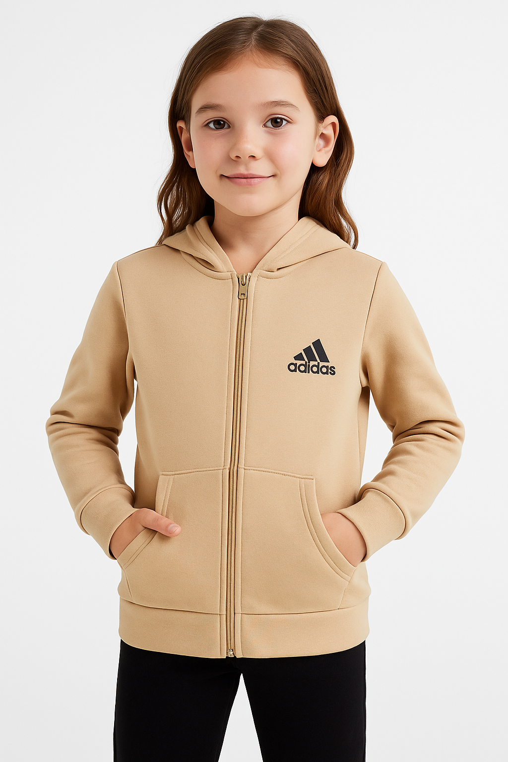 1755 - Ads Baskılı Kapüşonlu Üç İp Unisex Çocuk Hırkası - Bej
